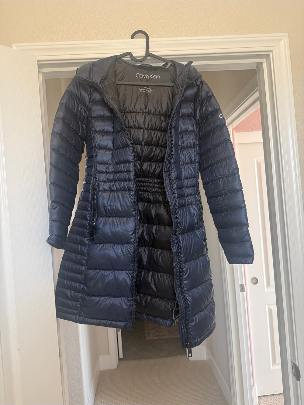 Calvin Klein Navy Quilted Long Puffer Coat with Hood